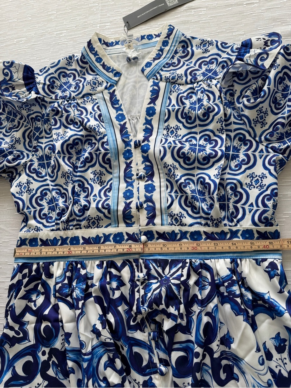 Lai Meng Five Cats Mini Dress Women's  Blue White Floral Puff Sleeve NWT Size M - Picture 6 of 9